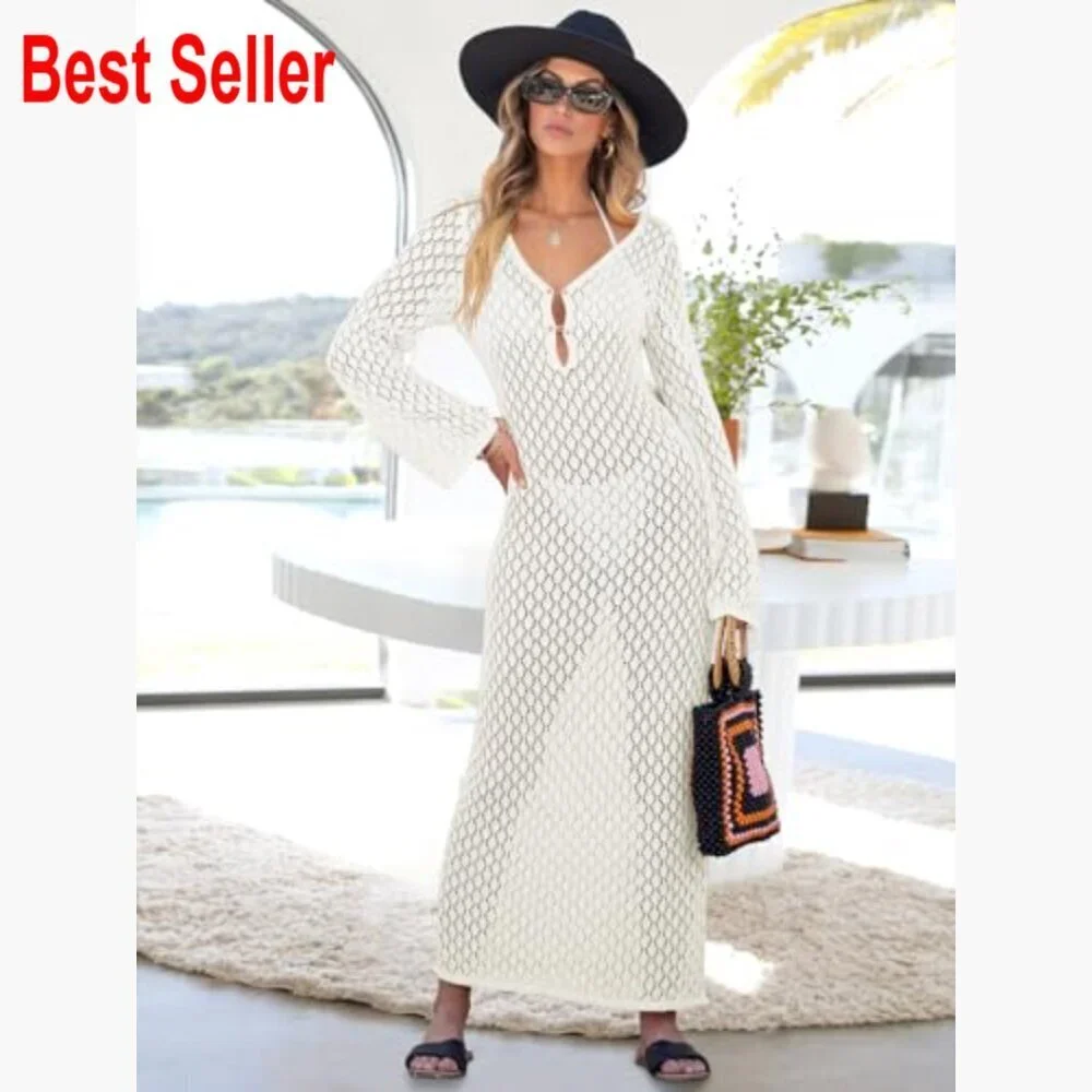 Acrylic Knit Crochet Cover Up Beach Dress V-Neck Hollow Out